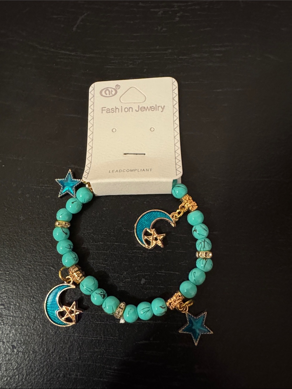Fashion Jewelry Turquoise Beaded Bracelet with Gold Moon & Star Charms